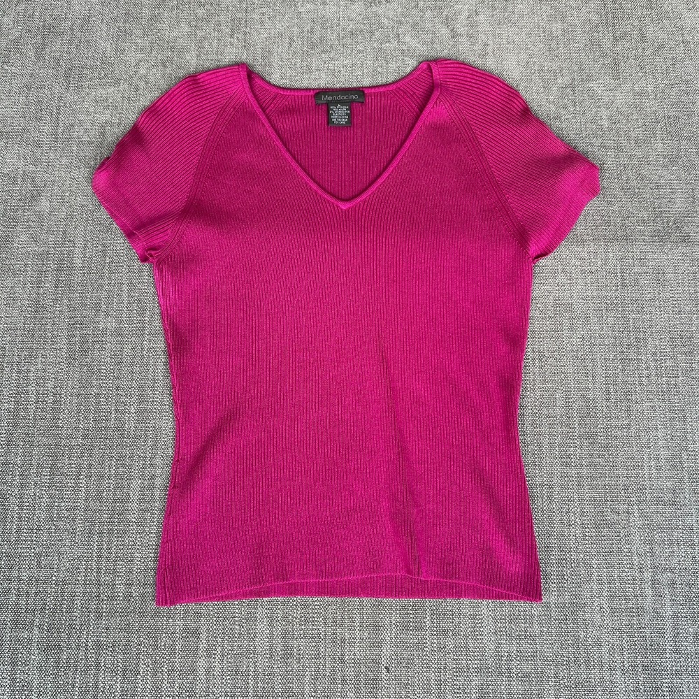 Mendocino Ribbed Knit Top Womens L Pink Silk Blend Short Sleeve V-Neck Pullover